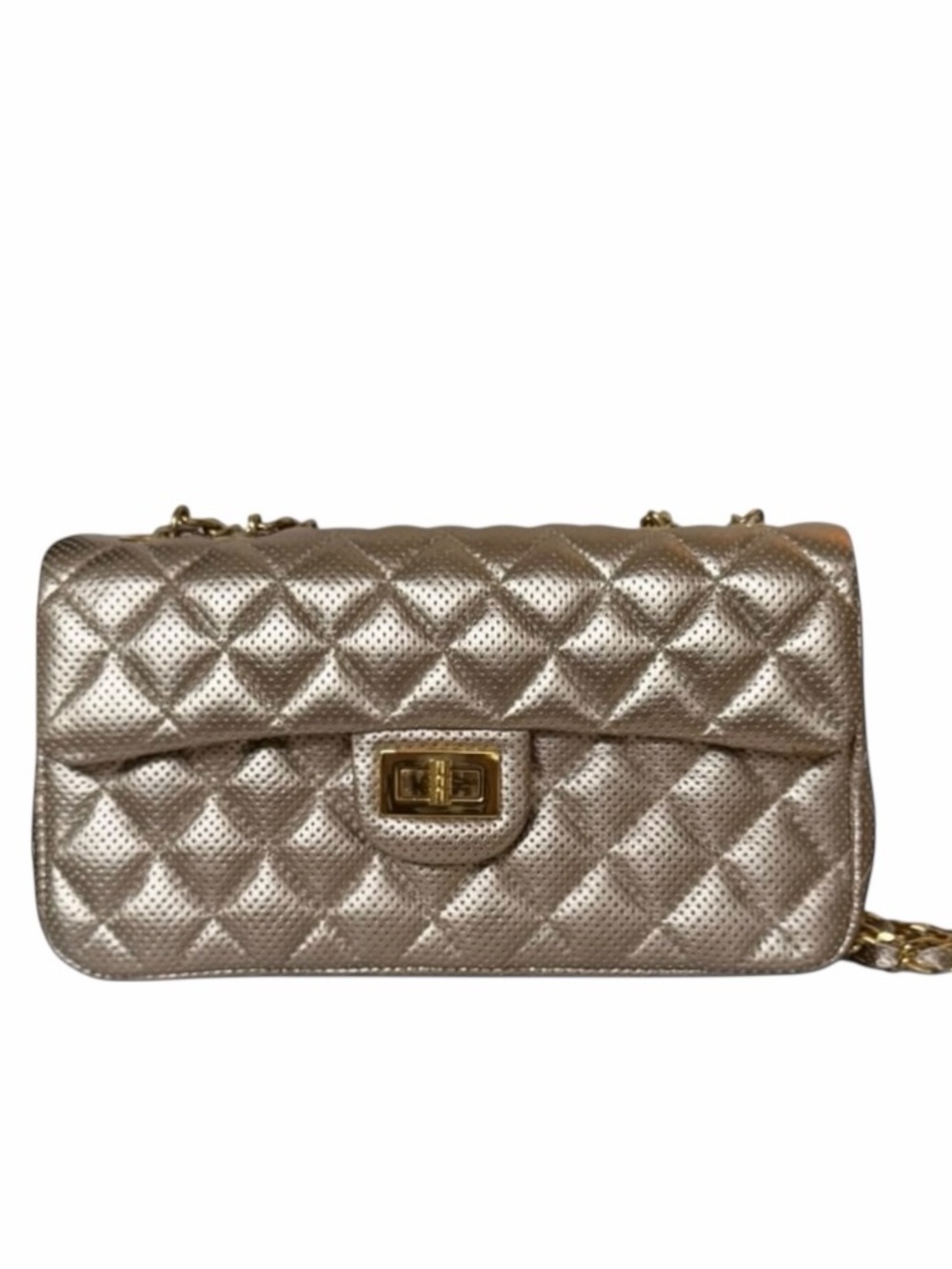 Ashneil Metallic Champagne Gold Quilted Perforated Flap Leather Shoulder Bag